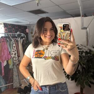 Midnight Rider Anthropologie Graphic Print Short Sleeve Tee White Size XS